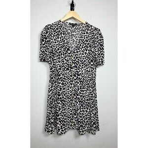 Something Navy Womens Size Medium Button Dress Leopard Print Puff Sleeve V Neck